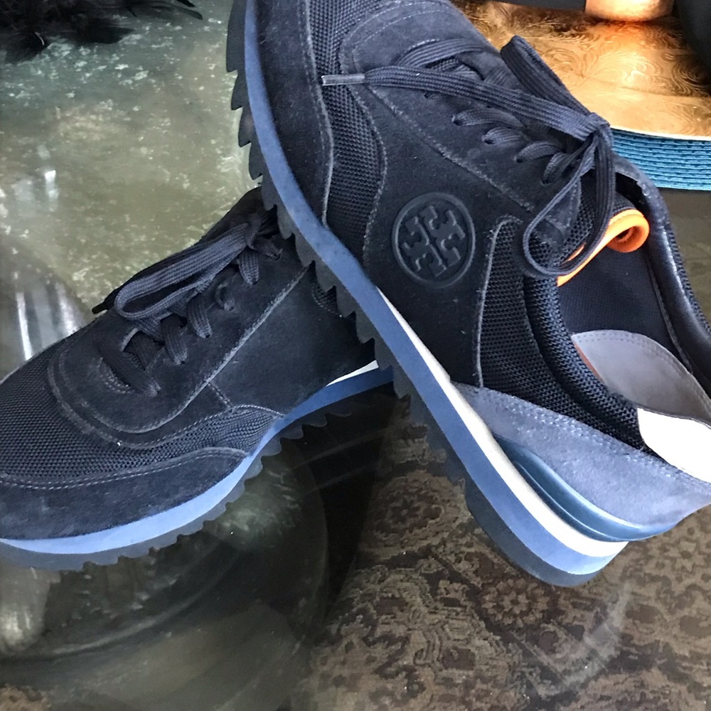 Navy w/orange trim Tory Burch leather sneakers